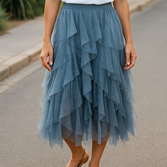 Vintage Dresses & Skirts - Tiered Tulle Maxi Skirt Long Length Grey Blue Dark Fairy Magical Witchy Hippie